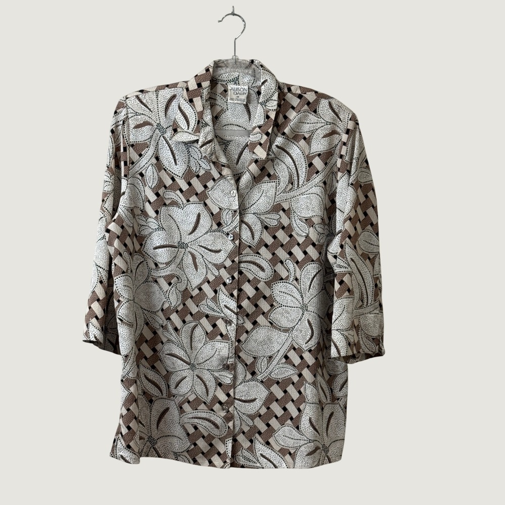 Allison Daley Top Womens 16 Brown Cream Floral Geometric Buttons Fall Vintage